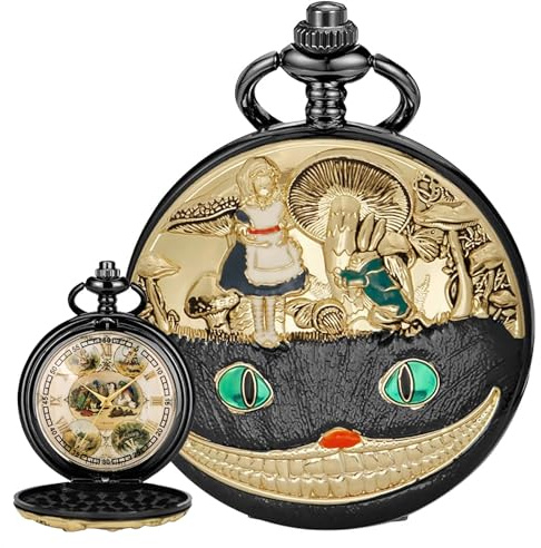 Tiong Montre de poche Alice au pays des merveilles Cadran Alice chiffres romains Montre de poche à quartz avec chaîne Cadeau de Noël d'anniversaire, 43-noir, Rétro