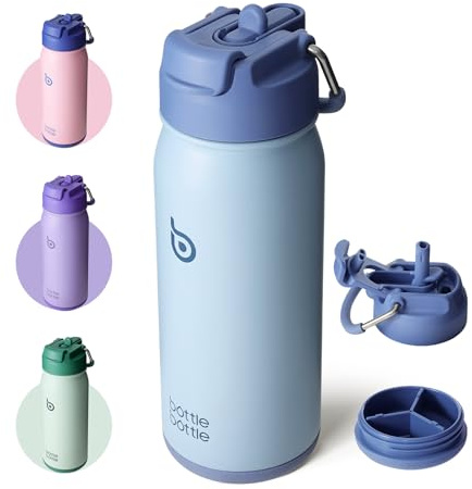 BOTTLE BOTTLE Stainless Steel Kids Water Bottle 16oz(470ml) Insulated Sports Water Bottle with Straw and Pills Holder for Gifts and School（Blue）