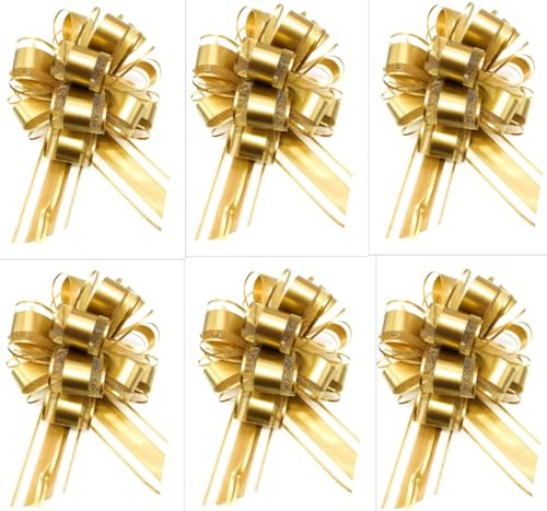 CaPiSo 18cm Große Ziehschleife Large Pull Bow Zugband Polyband Dekoschleife Geschenkschleife für Geschenke für Tüten Zuckertüten Basteln Dekorieren Verzieren (Gold, 6 Stück)