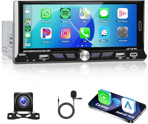 2G 64G Android Single Din Car Stereo with Wireless CarPlay/Android Auto 6.9 Inch Touch Screen Car Radio, Bluetooth, GPS Navigation, FM/RDS, Mirror Link, USB,Type-C, Backup Camera