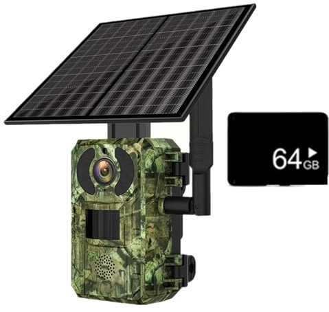 Hapihom Wildkamera, Solarbetriebene Mobilfunk-Wildkameras, Infrarotkamera mit 4G-Konnektivität und langlebigem Akku, Solarbetriebene Ultra-Hochauflösend-Überwachungskamera Mit 64G-Speicherkarte