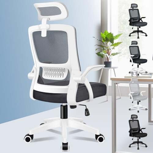 ALFORDSON Ergonomischer Büro-Schreibtischstuhl, Computerstuhl mit dynamischer Lordosenstütze, neigbarer Drehstuhl mit hochklappbarer Armlehne, Weiß