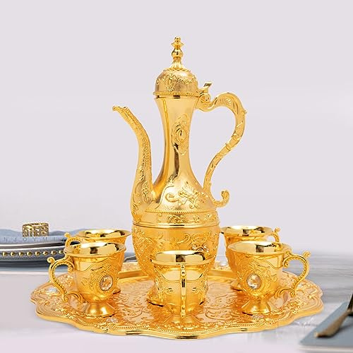 Vintage Metal Turkish Coffee Pot Set,Gold Coffee Pot with Vintage Tea Cups, Turkish Tea Set with 6 Luxury Coffee Cups and Craft Tea Tray Teapot, for Home Bar, Tea Party, Craft Ornaments, Wedding Gift