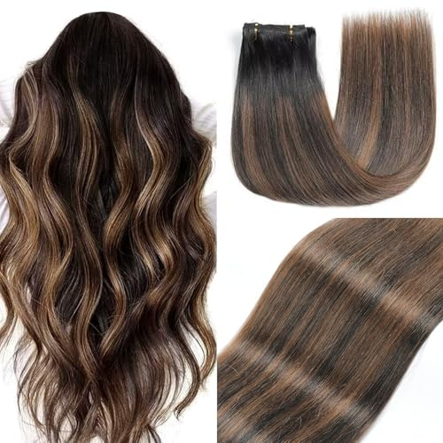 GUDOZO clip in extensions echthaar Natürliches Schwarz mit Kastanienbraun 7pcs 35cm 80g Echthaar extensions clip Nahtlose Echthaar Clip-In Volumen Damen