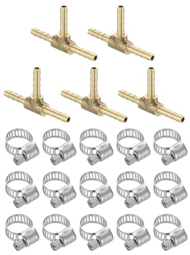 QUARKZMAN 5 Stück 3 Wege Messing Schlauchverbinder 3mm T Stück Messing Schlauchtülle, T förmige Messing Fittings mit 15Stück Schlauchschellen für Wasser Kraftstoff Luft