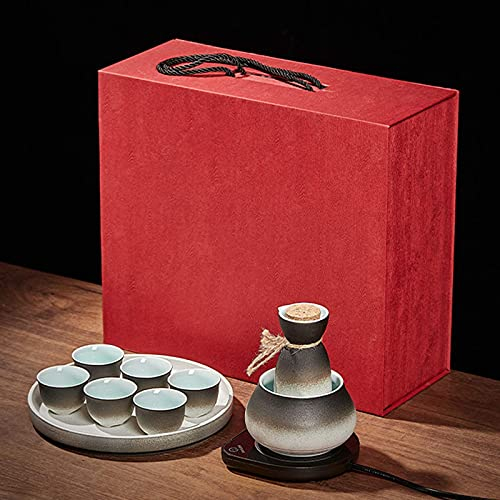 BOSHYUM Set per Sake con scaldavivande, Tradizionale Set Caldo da 9 Pezzi, Incluso 1 fornello a Candela, 1 Tazza riscaldante, 1 pentola per Sake, 6 Tazze per Sake, scaldavivande Elettrico