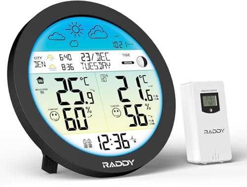 Raddy DT7 Wetterstation funk mit Außensensor, Innen-Außen-Thermometer-Hygrometer, Wetterstationen mit großem HTN-Farbdisplay, DCF Atomuhr, Duale Alarme, Wettervorhersage, Frostwarnung