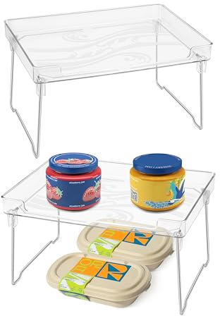 QIWODE Küchenschrank Organizer, Regal für Schrank Innen, Stapelbar Regal mit Erhöhte Kante und Faltbare Metallbeine für Küche, Schrank, Abstellraum, Büro, Transparent(2 Stück)