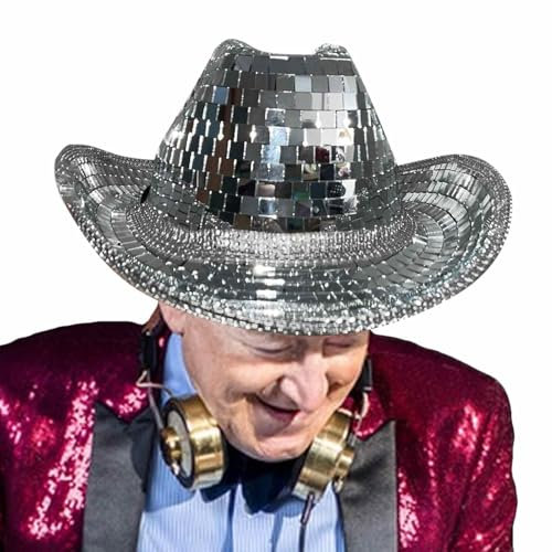 Nankoyal Disco-Cowboy-Hut,Disco-Kugel verspiegelte Pailletten-Cowboyhut-Kappen | Junggesellenabschiedshut für Junggesellenabschiede, funkelnder Glitzer-Weltraumhut für Damen, für, Tanz, Bühne, Club,