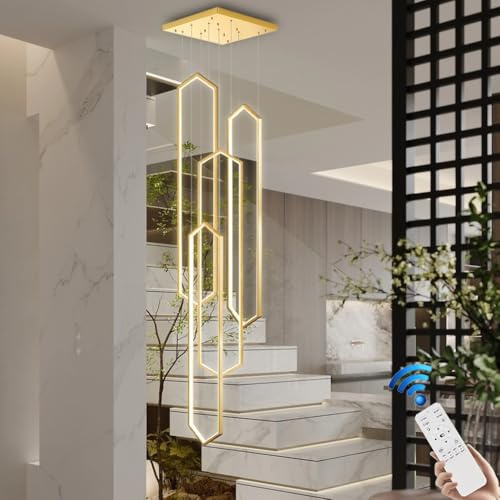 Stesulfr Goldfarbener moderner LED Kronleuchter aus Aluminium große Pendelleuchte für hohe Decken Fernbedienung 6-flammig Treppenhaus Foyer Wohnzimmer Eingangsbereich 3000K-6000K für Villa Foyer Hänge