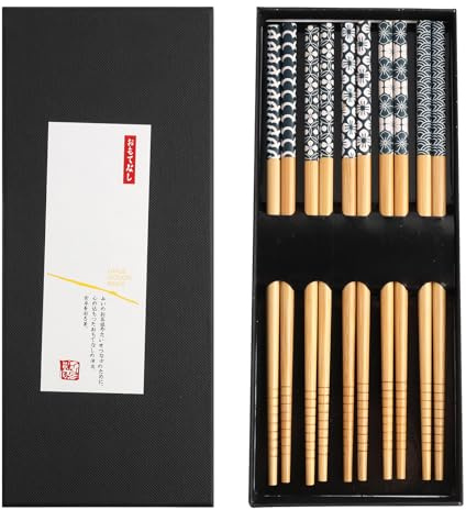 5 Paar Japanischer Stil Bambus Essstäbchen Wiederverwendbar mit Box, Spülmaschinenfest Essstäbchen, 22,5 cm