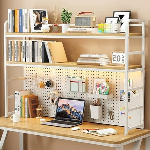 Ahtadums Schreibtisch Bücherregal, 2 Ebenen Schreibtisch Organizer Regal Aus Holz Und Metall, einstellbare Lagerregal Büroregal Für Wohnheim Büro Hause (B, 110cm)
