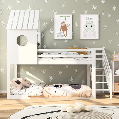 DAHUEN Kinderbett Etagenbett 90 x 200 für 2 Kinder, Hausbett mit Handlauf, Hochbett mit Fallschutz und Gitter, Baumhaus Bett mit Fenster und Dach, Massivholz (Weiß, 90x200cm)