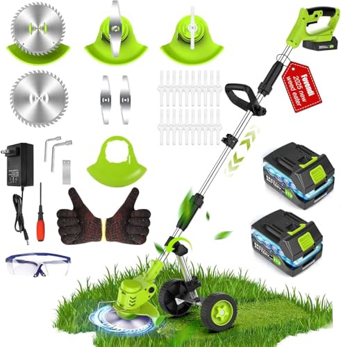 Désherbeur électrique de 15,2 cm avec roues, désherbant électrique léger, 650 W haute puissance 8500 tr/min, alimentation par batterie 4000 mAh, outil de pelouse multifonctionnel, vert