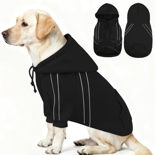 ASENKU Hundepullover Winter Warm Fleece Hundemantel mit Reflektorstreifen für Grosse Hunde XL,Hunde Hoodie mit Hut & Taschen, Hundejacke mit Geschirr Weicher und Atmungsaktiver Winterhundebekleidung
