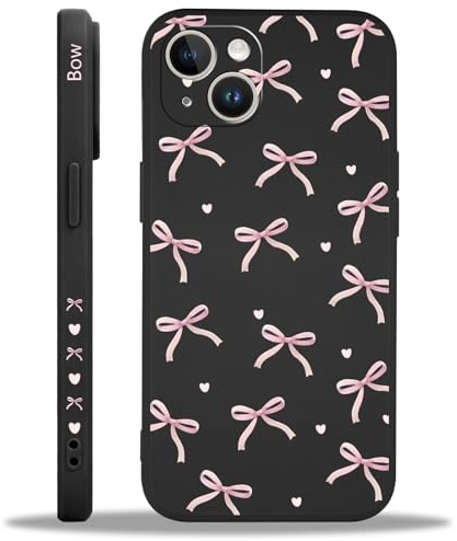 Kivlclri Cover per iPhone 14 6,1, Cellulare Nero Silicone Morbido Custodia per telefono Aesthetic Rosa Fiocco Cuore Motivo Disegno Protezione Fotocamera Antiurto Case per Ragazze Donne