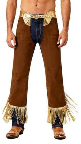 renvena Herr metalliska cowboybyxor, långa byxor, chaps, överdragsbyxor med tofsar fåll, vintage, västerländsk kostym, karneval, outfit, brun, L