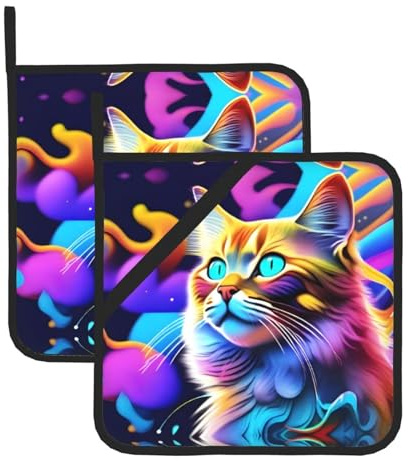 HYTTER Set di 2 presine isolate quadrate colorate con gatto psichedelico, 20,3 x 20,3 cm, antiscottatura e termoisolante, impermeabili