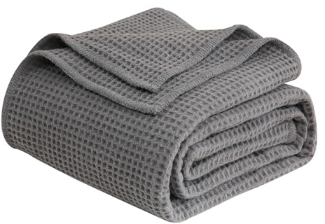 YOUR MOON Waffle Weave Wool Blanket King Size, Natural Australian Wool Blanket for Bed & Couch, Soft and Warm, Breathable Thick Throw Blankets for All Seasons, 90x108, Gray