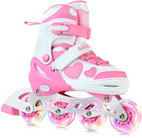 SULIFEEL Love Hearts 4 Size Adjustable Kids Inline Skates for Girls with Fluffy Pom Light Up Wheels Ages 3-12 Girls Birthday Gift for Indoor Outdoor Sports