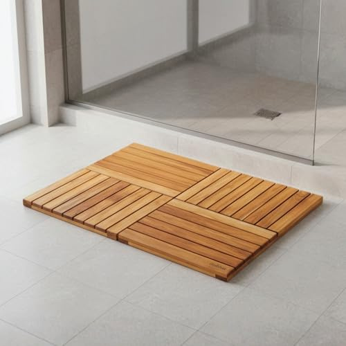 GREENTEAK Premium 32x21 Solid Teak Shower Mat, Extra Large Foldable Teak Bath Mat, Fast-Drain Slatted Design, Non-Slip Feet, Quick Dry for Bathroom, Door, Sauna, Indoor & Outdoor, 385 Lbs Capacity