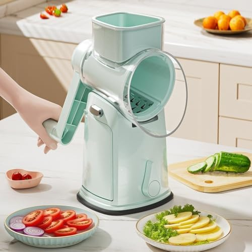 Cortador de verduras de cocina, multifuncional, operado a mano, rotativa, trituradora con 5 cuchillas intercambiables, tubo de alimentación de 9 cm para cocina (B-verde)