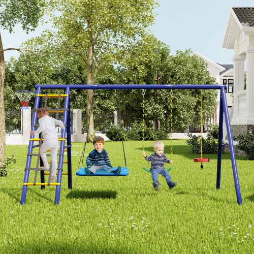 Schaukel Outdoor 3-in-1 Set mit Tellerschaukel & Basketballkorb, Multifunktionales Klettergerüst für Kinder ab 3 Jahre, Gartenspielplatz mit Gurt-Schaukel und Kletterseil-Schaukel