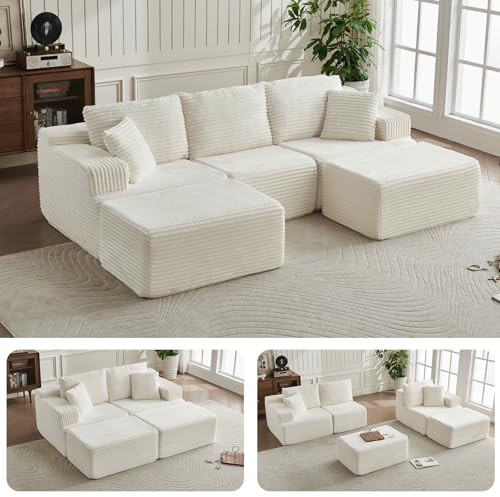 TEYVOKS Modulares U-Form Ecksofa 262cm Beige | Ohne Montage, Füllung aus Schaumstoff, rahmenloses Design für Wohnzimmer