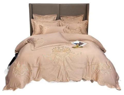 Satin sängkläder set satin bomull med guldbroderi, dubbel queen och king size-täcke, lakan, örngott, vit, grå, 4/6 st (färg 5, flat_200 x 230 cm 4 st)