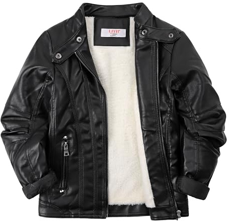 LJYH Boy's Collar Thicken Faux Motorcycle Leather Jacket Kids Winter Biker Coats Black 13/14yrs