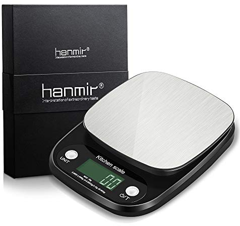 Hanmir Báscula Digital de Cocina Peso de Cocina 3 Kg/ 1 g, Acero Inoxidable, Pantalla LCD, balanza de Cocina, Negro/Plata (Baterías Incluidas)