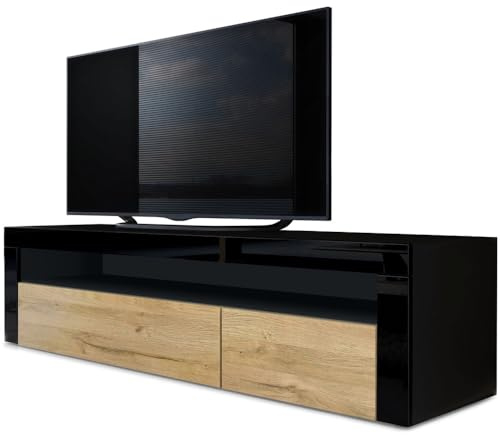 Vladon Lowboard Valencia, Made in Germany, TV-Kommode mit 1 offenem Fach und 2 Klappen, Schwarz matt/Eiche Natur/Schwarz Hochglanz (155 x 46 x 40 cm)
