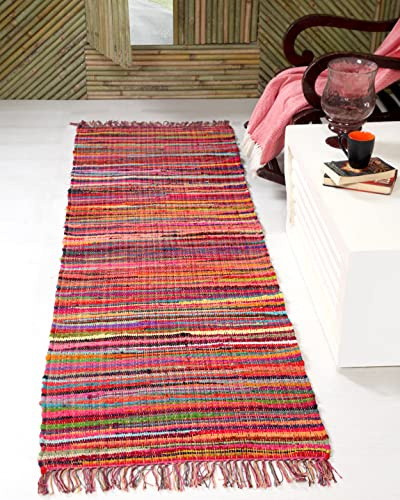 Second Nature Online - Tapis de fêtes à franges tissé à la main avec des bandes de tissu recyclées - Tapis à rayures multicolores - Respectueux de l'environnement (format L, 75 x 240 cm)