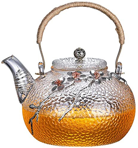 ZENATION Japanischer Stil gehämmertes Glas exquisite 900 ml Teekanne mit Dose und Kupfer-Pflaumenblüten-Dekoration