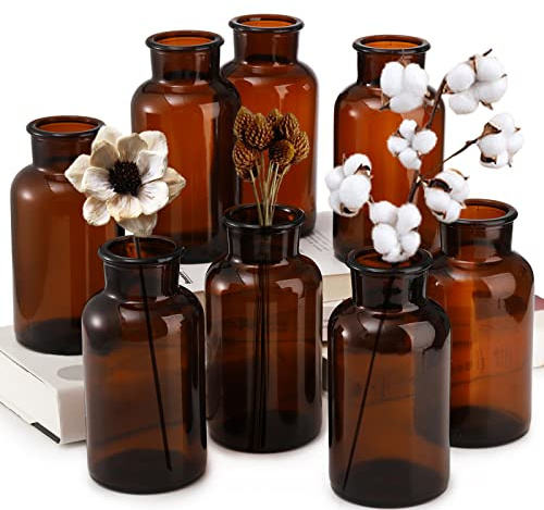 TOPZEA Set of 8 Amber Glass Vase, 17oz Boho Flower Vase Bud Vases Decorative Brown Medicine Glass Bottles Vintage Small Apothecary Jars for Home Décor, Dining Table, Wedding Centerpiece, Bridal Shower