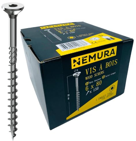 Nemura Lot de 150 Vis à Bois 6 x 80 mm - Acier Zingué à Tête Fraisée - vis à bois Torx - Visses Spéciales pour Bois et Aggloméré- Haute Qualité Durable - Marque Francaise.