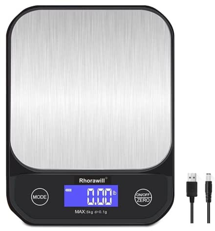 Bilancia da Cucina Digitale, Bilancia per Alimenti ad Alta Precisione da 5kg/0,1g, Bilancia da Cucina Elettronica con Display a LED, Superficie di Pesatura in Acciaio Inossidabile, Ricarica USB