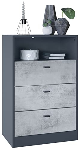 Vladon Kommode Pino V2, Made in Germany, Anrichte mit 3 Schubladen & 1 offenem Fach, Anthrazit matt/Beton Oxid Optik ohne LED (56 x 86,5 x 36 cm)
