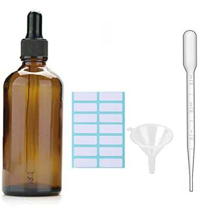 1 Stk. Tropfflaschen aus Bernsteinglas mit schwarzen Kappen, Dosierpipette, Trichter und Etiketten; Glas-Tropfflaschen für Augen mit 100 ml Fassungsvermögen zum Mehrfachgebrauch