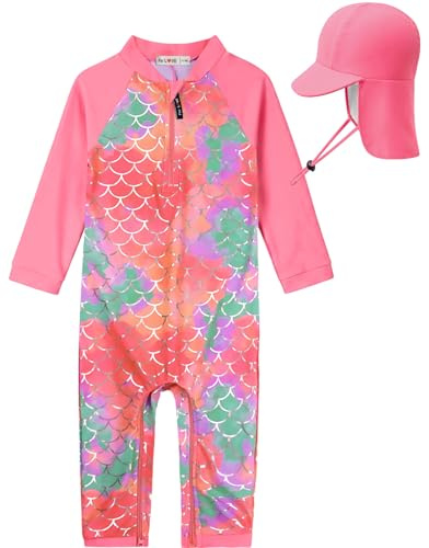 weVSwe Bañador Bebé Rash Guard UPF 50+ Protección UV Manga Larga Verano Sombrero para El Sol Rosa Escamas De Pescado 2 años