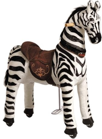 PONNIE Reitpferd mit Rollen Dixi Zebra M (5-12 Jahre), Spielpferd zum Reiten mit Abnehmbarer Braun Sattel und Halfter mit Zaumzeug, Kämmbare Mähne und Schwanz, Plüschpferd zum Reiten für Kinder PRO