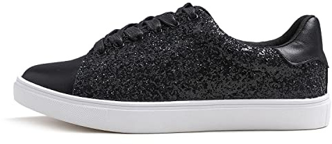 Feversole Women's Featured PU Leather Lace-Up Sneaker,Sneakers Stringate in Pelle PU da Donna Schwarz Paillette 40 EU