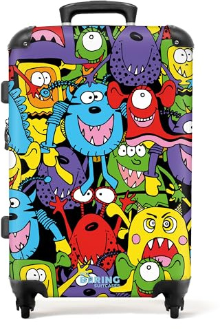 NoBoringSuitcases.com® Reisekoffer mit Rollen Koffer groß Kinderkoffer Jungen Hartschalenkoffer - Muster - Monster - Lustig - Koffer Kinder Jungen Koffer mittelgroß, 67x43x25cm