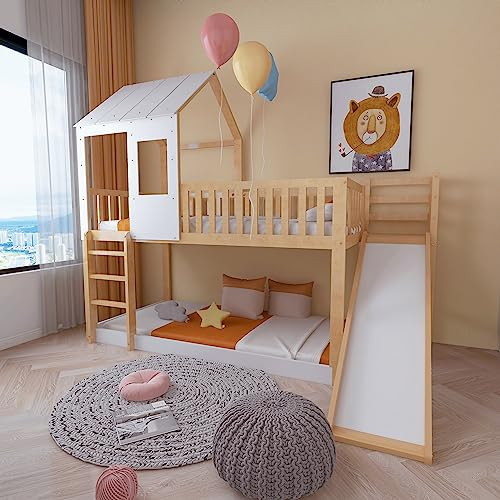 Moimhear Letto a castello con scala ad angolo retto e scivolo, letto con tetto e finestra, lettino con protezione anticaduta e griglia, telaio in pino, naturale+bianco (90 x 200 cm), 30357879NAA