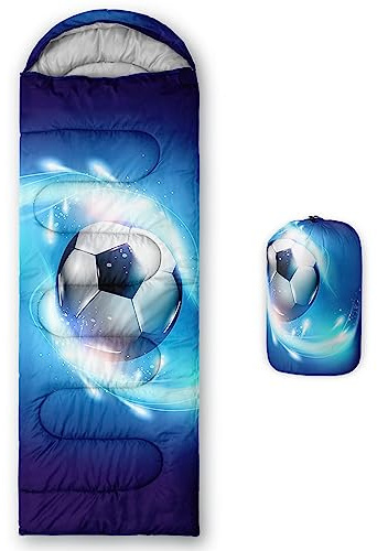HOSIMA Sacs de couchage pour garçons et enfants, motif football bleu, léger, chaud, portable, extérieur et intérieur, imperméable, résistant au froid pour camping, randonnée (ballon de foot9)