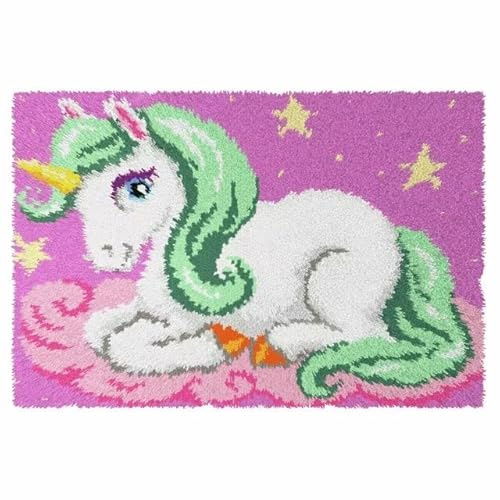 ROCKY&CHAO Green-Haired Unicorn Latch Hook Kits 50X38CM, DIY Latch Hook Rug Kit, Cross Stitch Rug Making Kit, Carpet Making Crochet Kits Embroidery Kits Needlework Crafts for Home Decor
