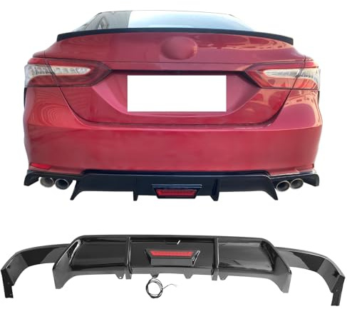 IKON MOTORSPORTS, Rear Bumper Diffuser Lip W/Light Compatible with 2018-2024 Toyota Camry SE XSE Models Only, Gloss Black Injection PP Add On Air Dam Rear Lower Bumper Protector Lip Bodykits