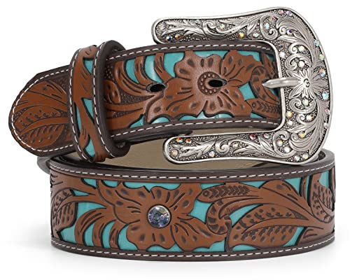 WERFORU Damen Vintage Ledergürtel Western Cowgirl Retro Türkis Landgürtel für Jeans Hosen Kleider