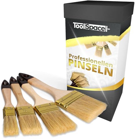 ToolSpace 4er Set Flachpinsel Profi Pinselset Naturhaar | Lack Lasur Farbe | Kreidefarbe Malerpinsel für Möbel Wand Fenster Fassade Außen Innen Wiederverwendbar 25 / 36 / 50 / 76 mm Naturholz Griff