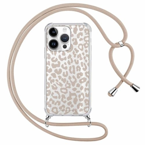 ZhuoFan Handyband Handyhülle für iPhone 15 Pro Hülle mit Band, Transparent Aesthetic Muster Schutzhülle, Silikon + Schwer PC mit Kordel zum Umhängen Necklace Lanyard Case, Leopard